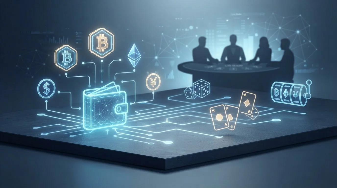 Abstract crypto casino scene with digital coins, dice, cards and network paths