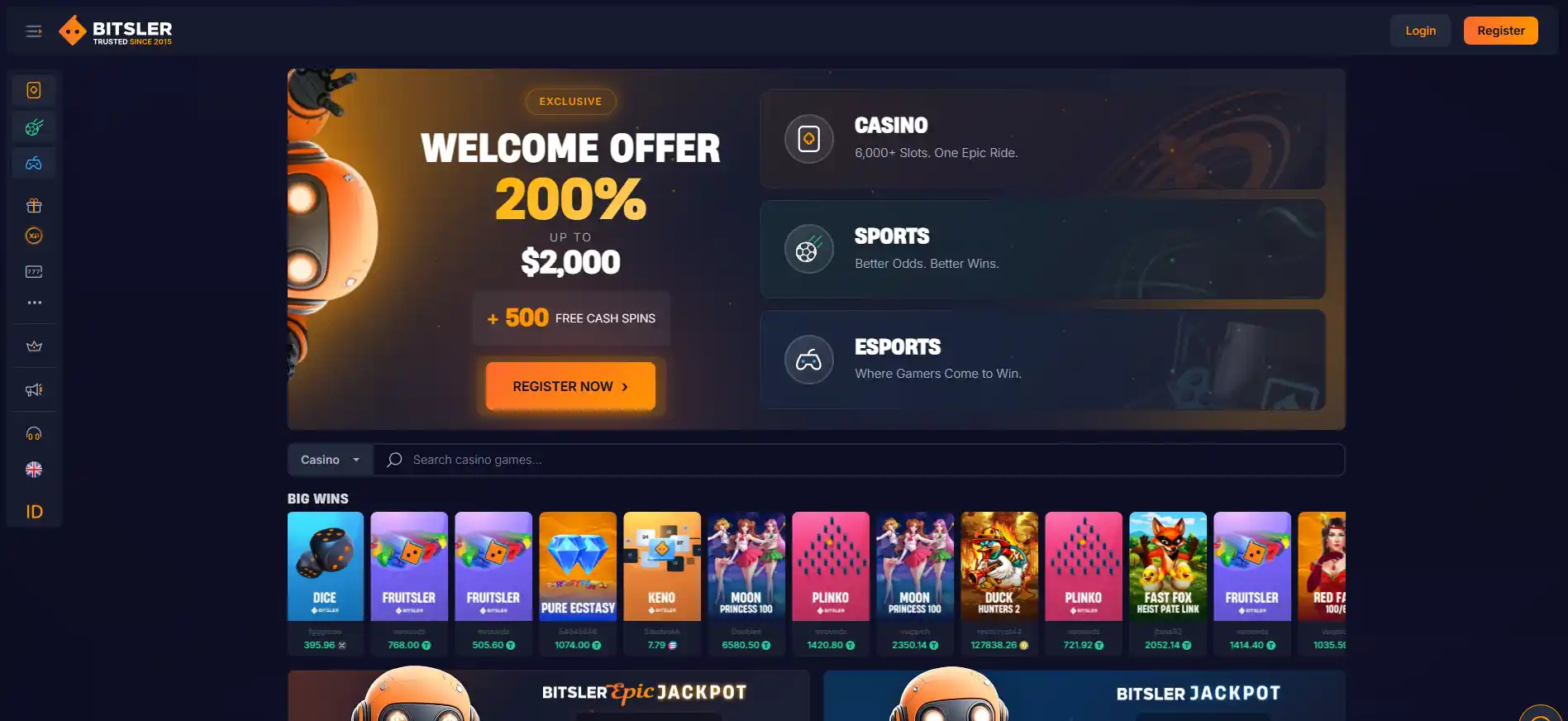 Bitsler homepage with casino navigation and game entry points
