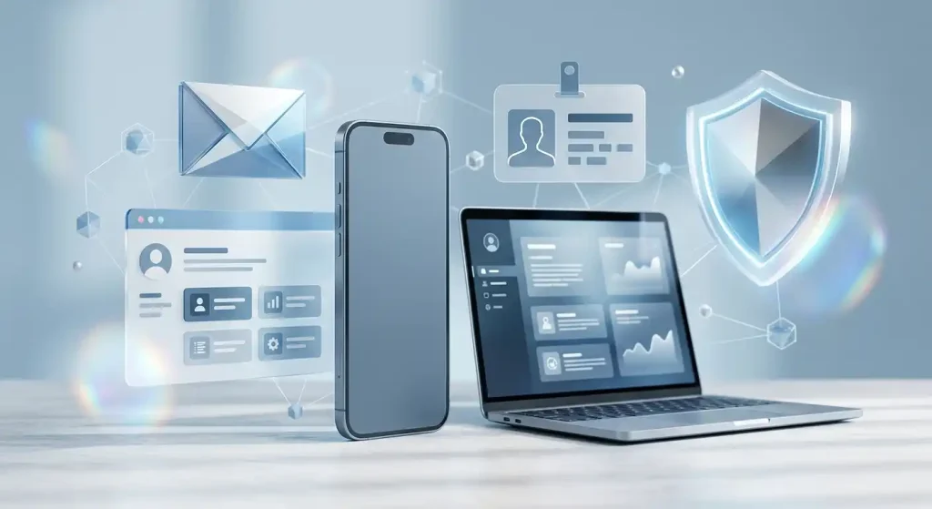 Email access, identity card and security shield symbols arranged around a generic account panel