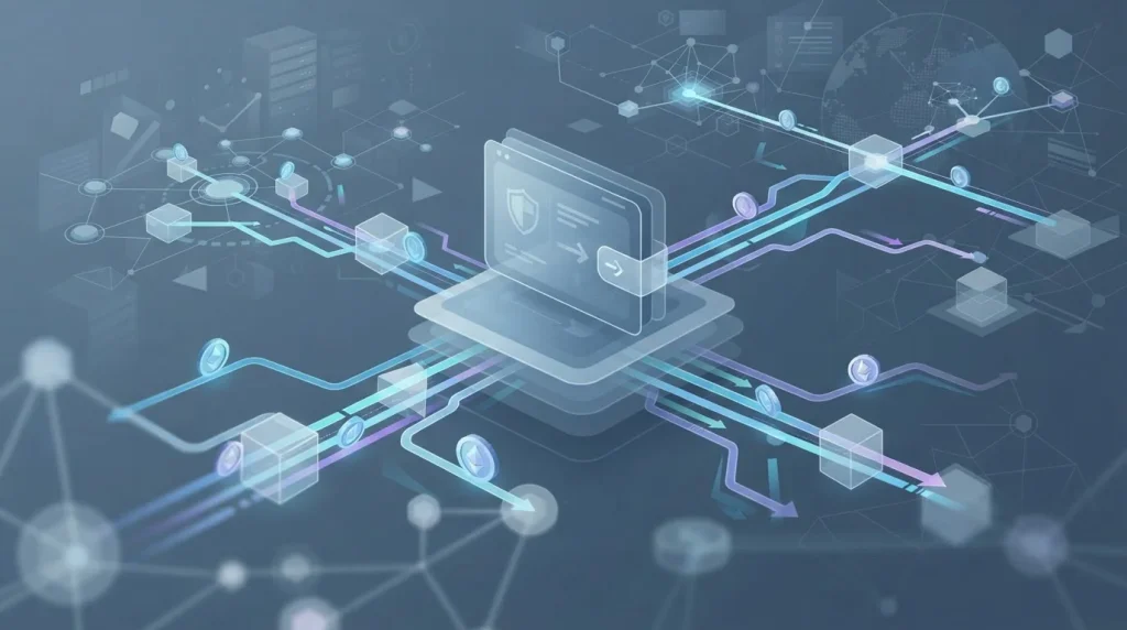 Crypto wallet connected to several blockchain routes and transfer paths