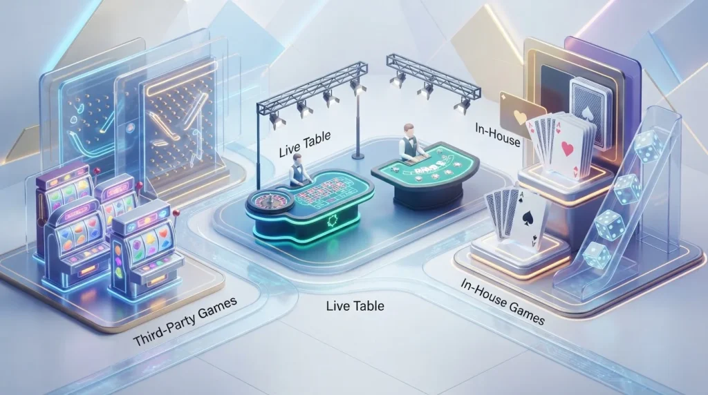 Abstract casino game library with slot reels, dice, playing cards and live table equipment