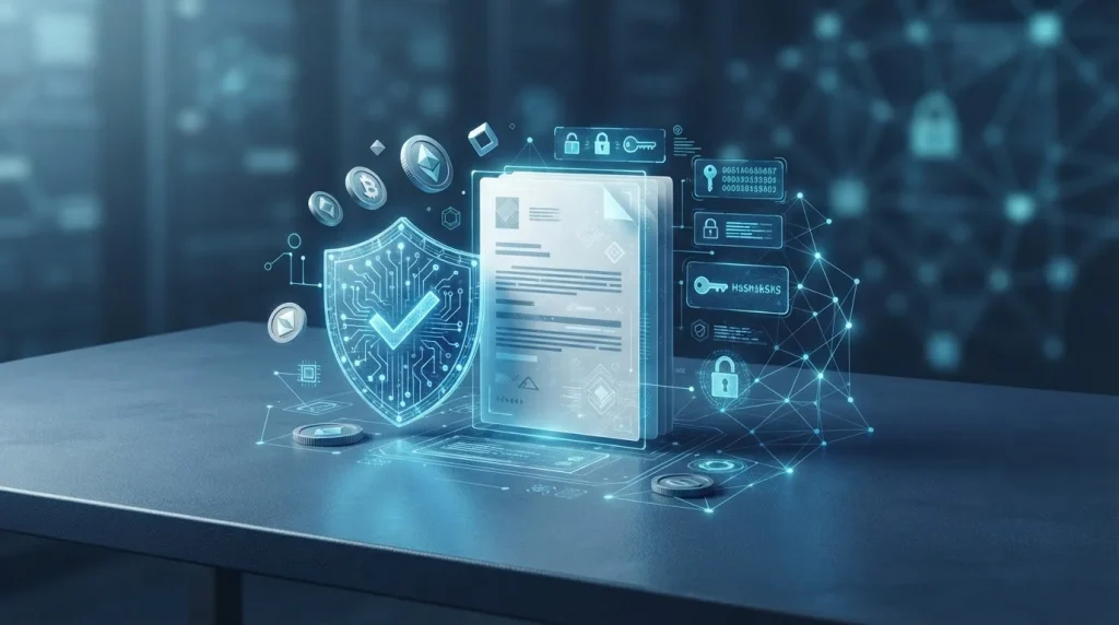 Licensing documents beside crypto security symbols and verification marks