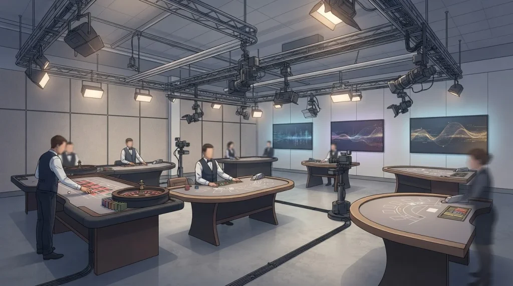 Live casino studio with gaming tables, cameras and dealer equipment without visible people