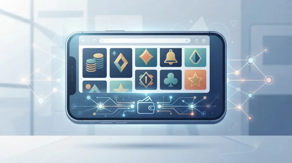 Smartphone browser with generic game tiles beside wallet and network symbols