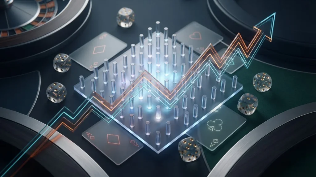 Composition of dice, plinko pegs, abstract crash graph geometry and playing cards