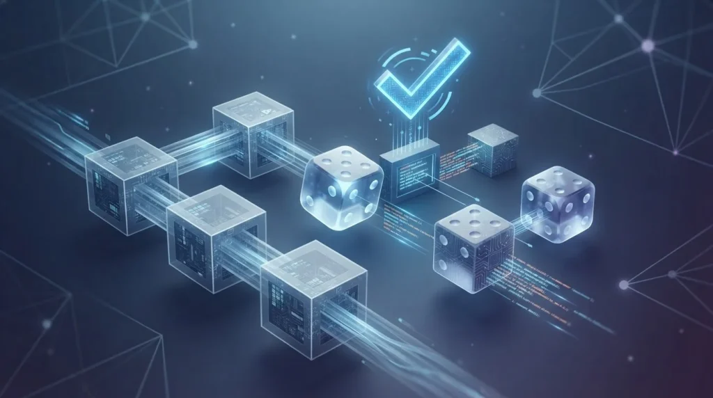 Abstract cryptographic blocks linked to dice and verification symbols