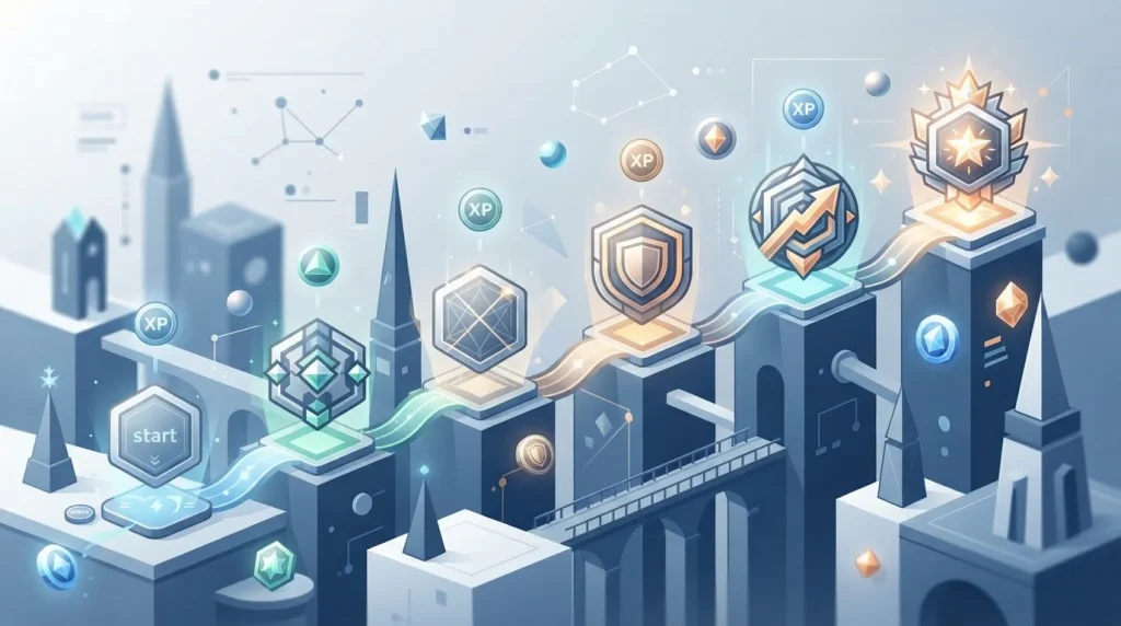 Abstract loyalty badges connected by a rising progression path with token motifs